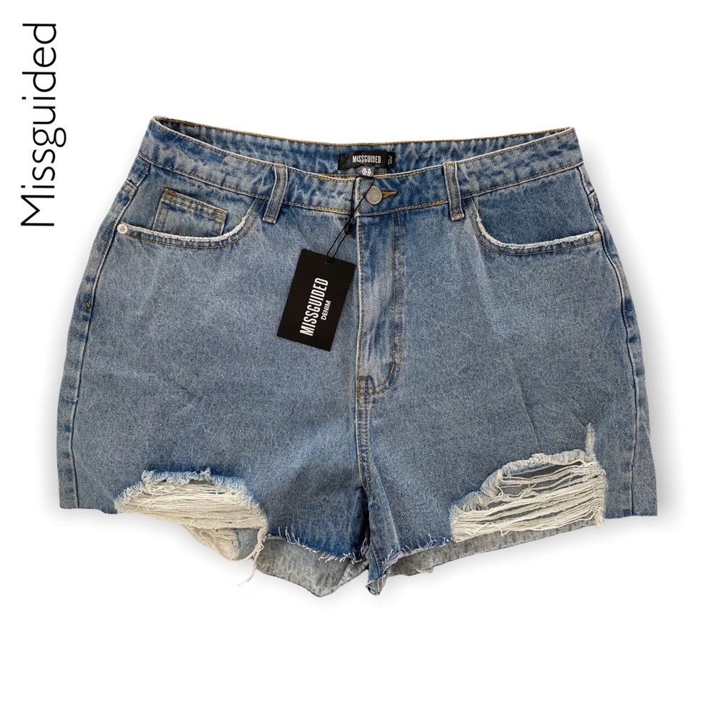 Missguided High Waisted Recycled Denim Ripped Mom Shorts Size 12